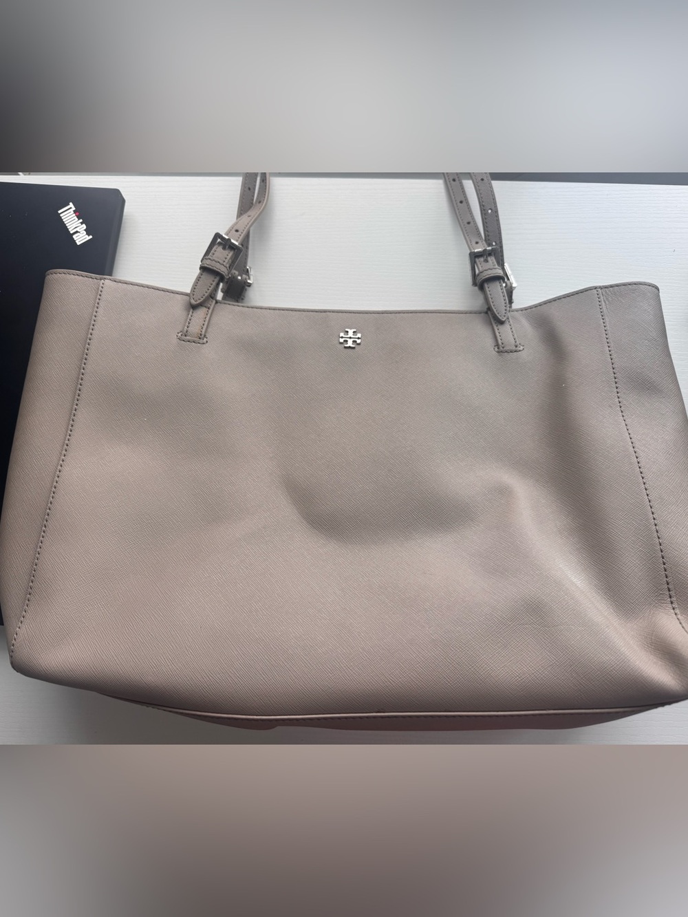 Tory Burch Gray Saffiano Leather Tote with Silver Logo